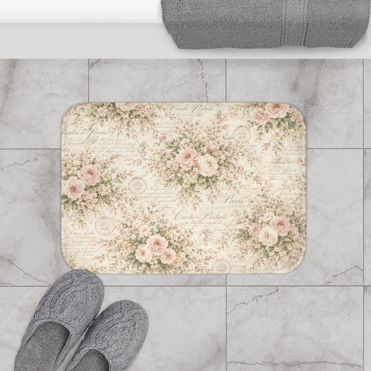 Love Letter Chateau Memory Foam Bathmat, Ivory Blush Rose French Script, Romantic Chateaucore Victorian Floral Soft Mat