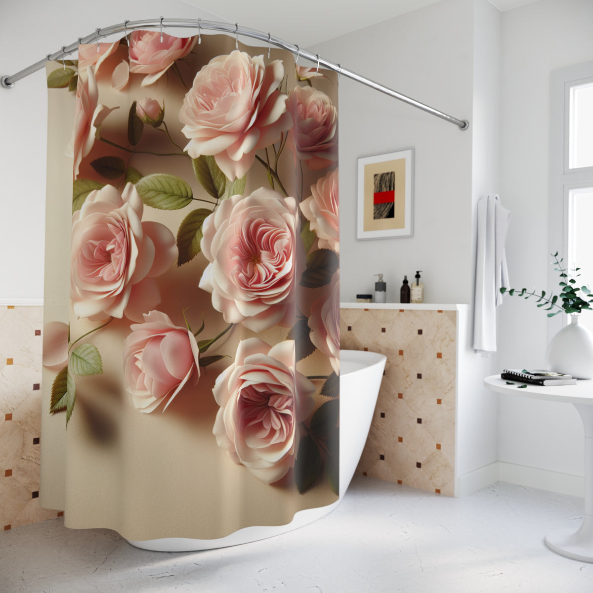 Pink Rose Shower Curtain – French Country Chateaucore Floral Bathroom Decor – Romantic Shabby Chic 71×74