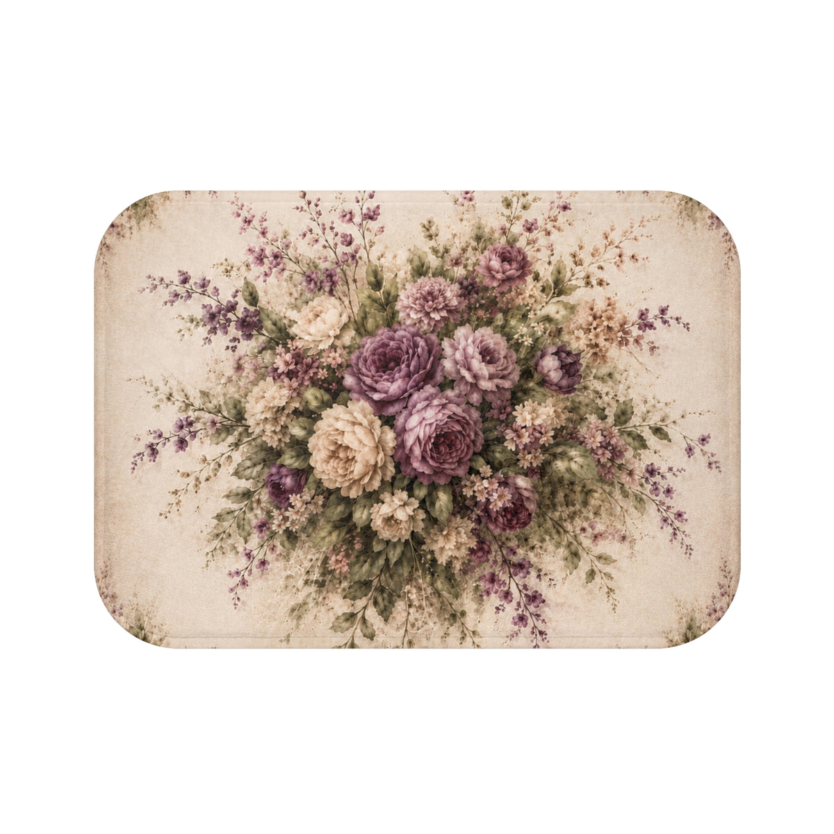Vintage Plum Rose Memory Foam Bathmat, French Country Floral Bathroom Rug, Victorian Chateaucore Shabby Chic Cottage Botanical Decor