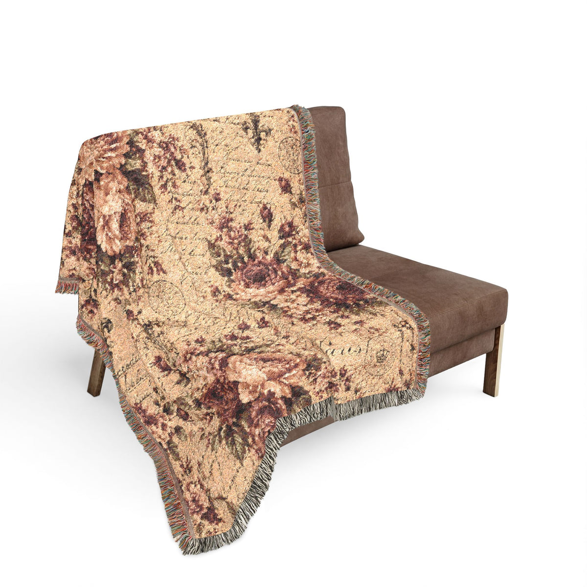 Burgundy Rose French Script Woven Tapestry Blanket – Vintage Chateaucore Floral Throw