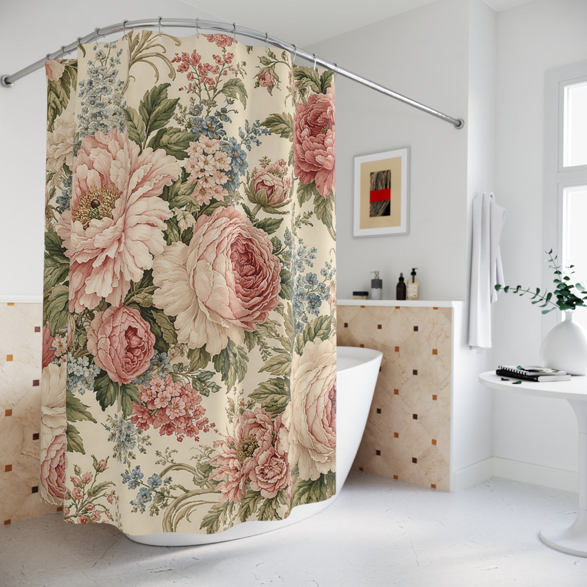 Pink Peonies Roses Floral Fabric Shower Curtain, Chateaucore Victorian Bathroom, French Country Cottage, Shabby Chic Bath Decor
