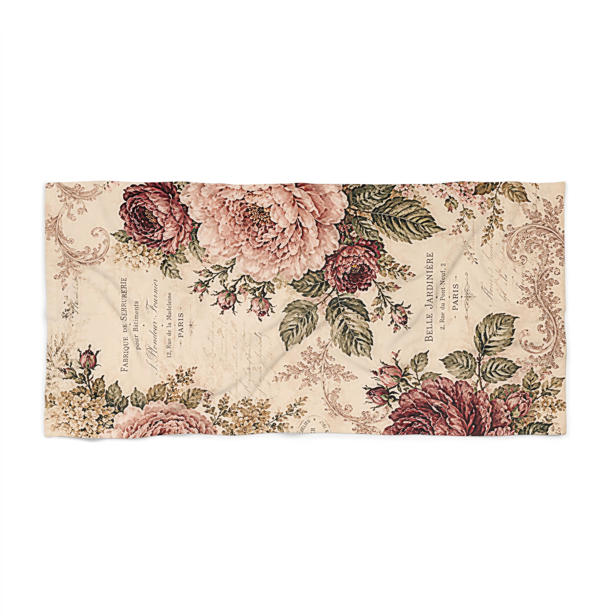 French Country Rose 5-Piece Bathroom Set – Shower Curtain, Bath Mat & Matching Towels – Burgundy Blush Chateaucore Decor