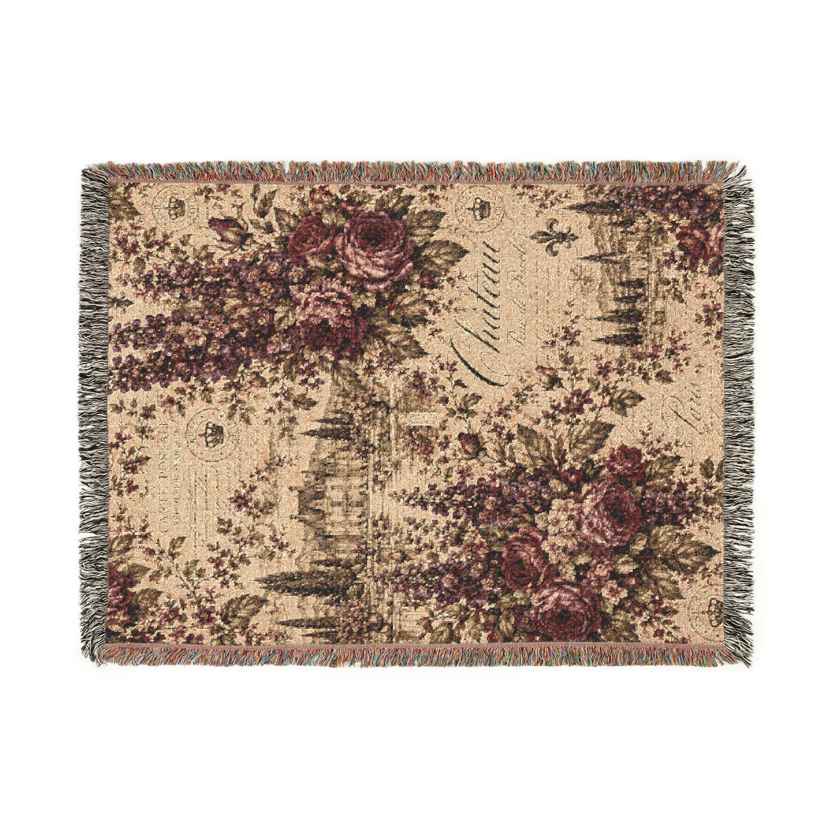 Delphinium French Script Woven Throw Blanket – Merlot Plum Vintage Tapestry Chateaucore Floral Fringed Decorative Quilt