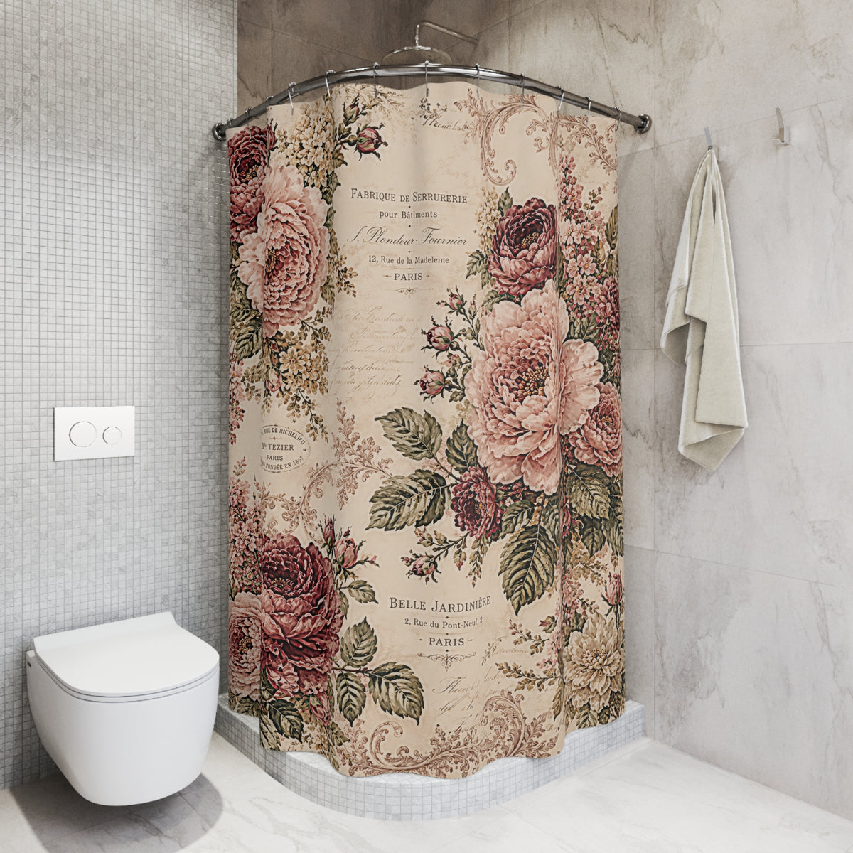 Blush Rose Fabric Shower Curtain, Vintage French Script Floral, Burgundy Pink Peonies, Shabby Chic Victorian Bathroom Decor