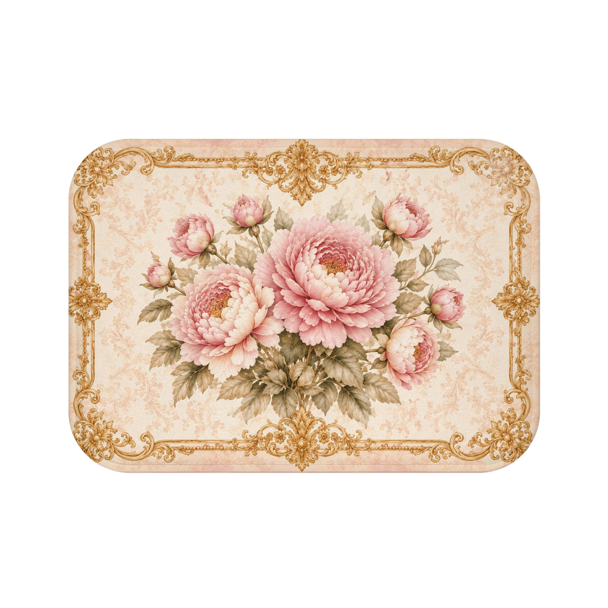 Pink Peony Memory Foam Bath Mat, Victorian Rococo Gold Floral Anti-Slip Bathroom Rug, French Country Chateaucore Shabby Chic Vintage Decor