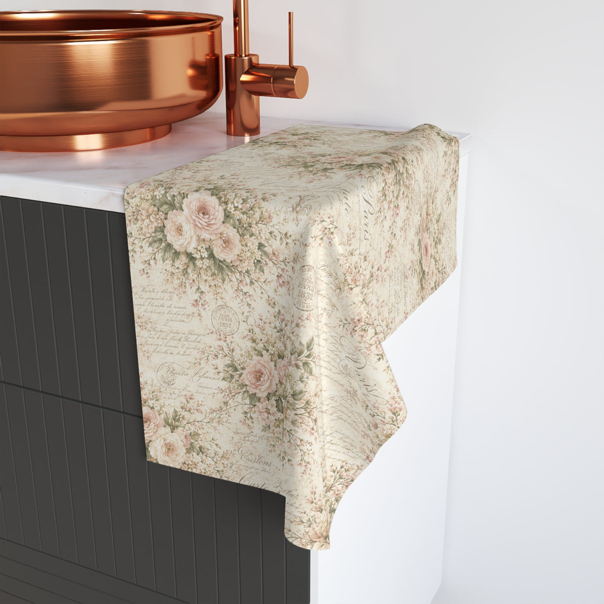 Love Letter Chateau Hand Towel Blush Pink Ivory Vintage Floral French Script, Victorian Cottagecore Shabby Chic Rose Kitchen Bath Towel