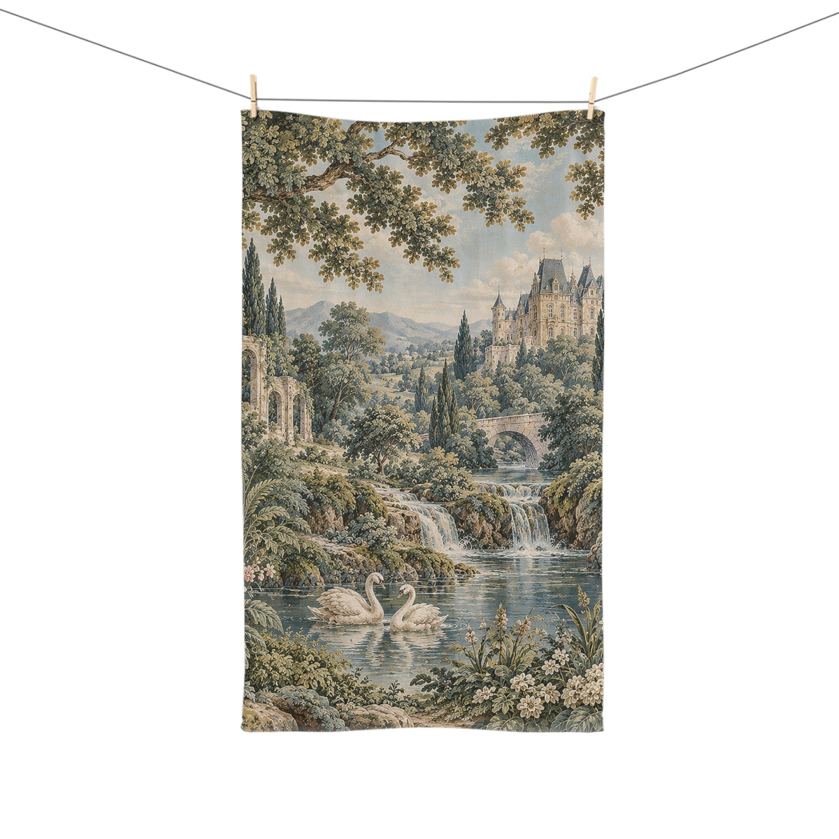 French Verdure Château Garden Hand Towel – Vintage Aubusson Swans Floral French Country Chateaucore Green Victorian Bathroom Decor