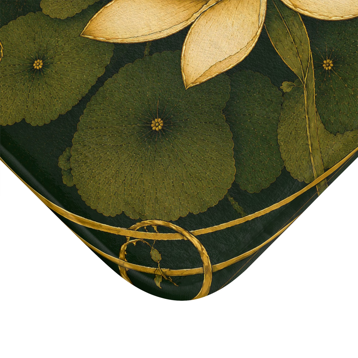 Art Nouveau Water Lily Memory Foam Bathmat, Vintage Botanical Floral Cushioned Bathroom Throw Rug, French Country Chateaucore Green Ivory