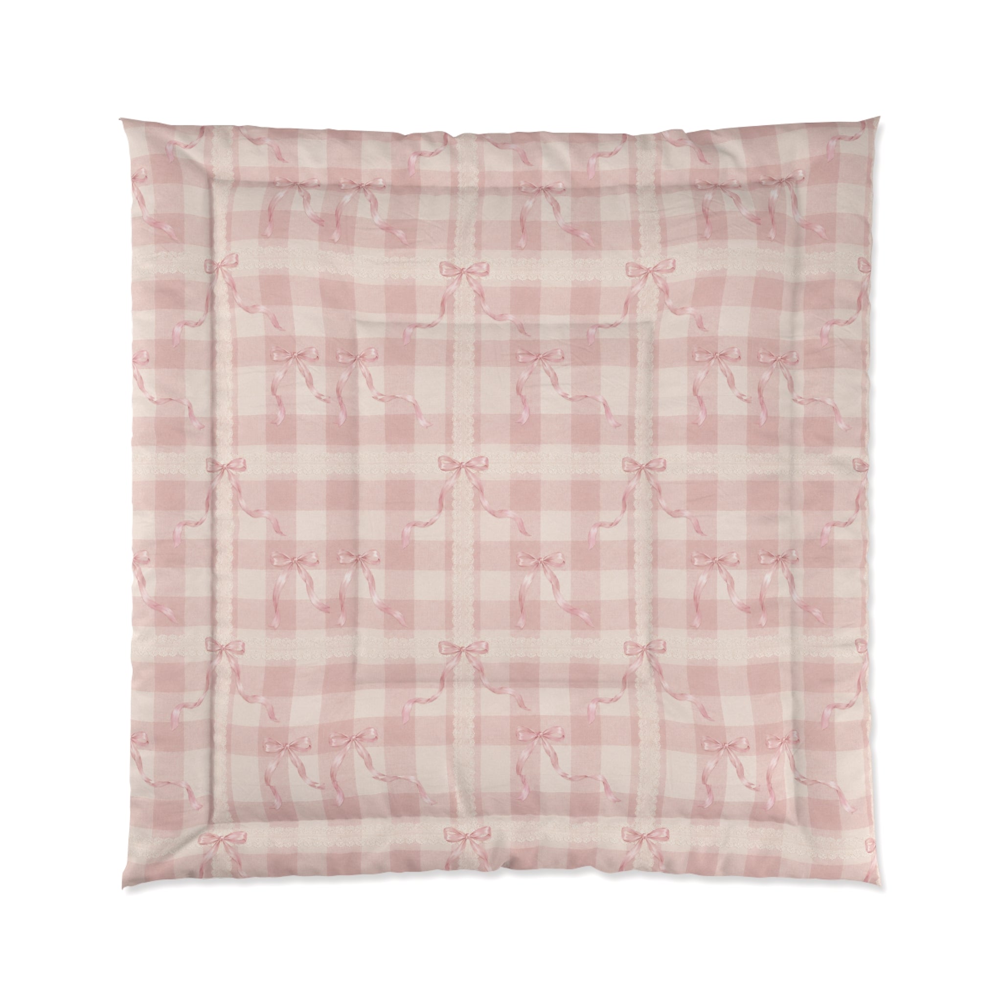 Pink Coquette Comforter Set | French Country Bedding Shabby Chic Gingham Lace Bow Bedspread Cottagecore Bedroom Decor