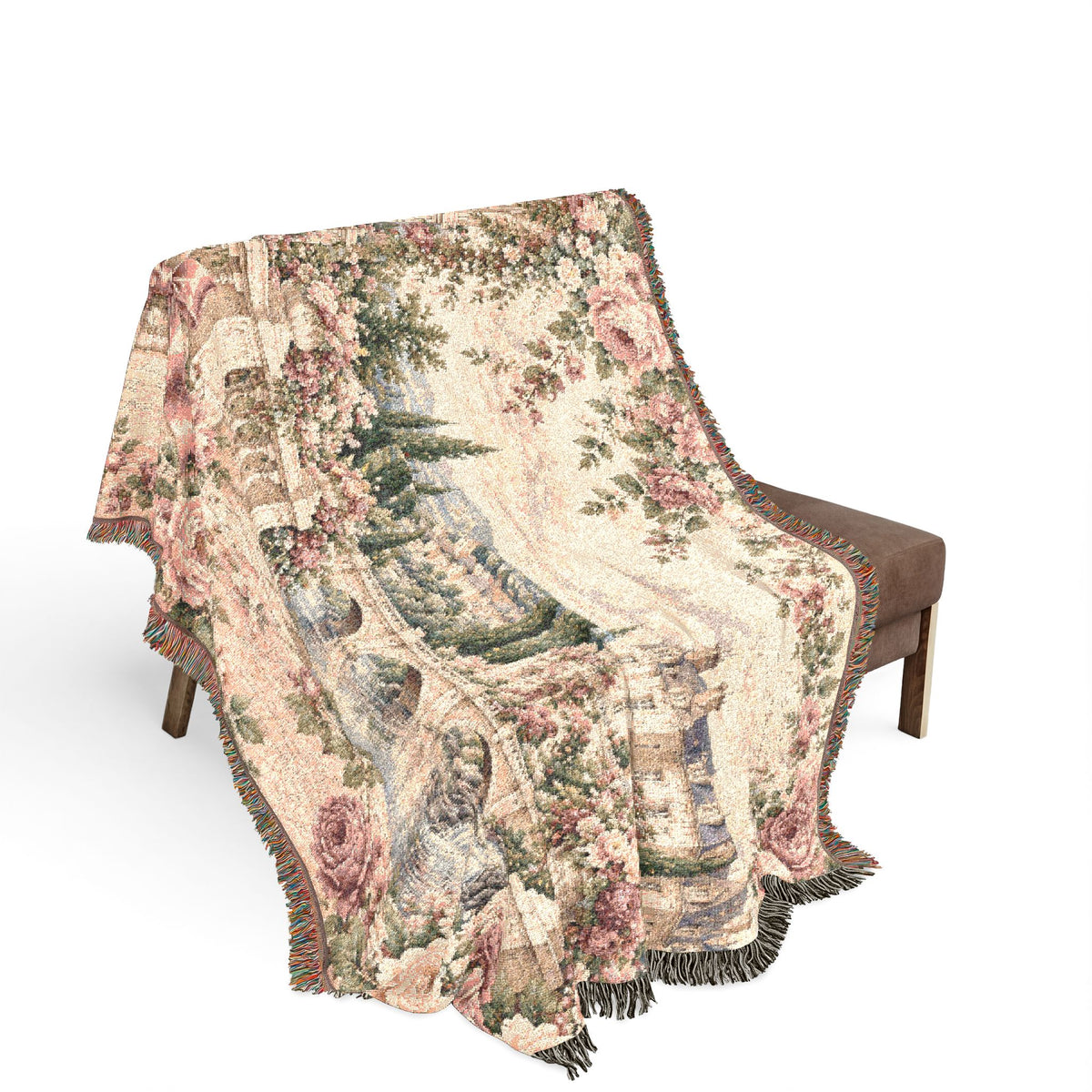 Love Letter Chateau Roses Woven Blanket – Vintage French Floral Tapestry Throw, Romantic Cottagecore Decor
