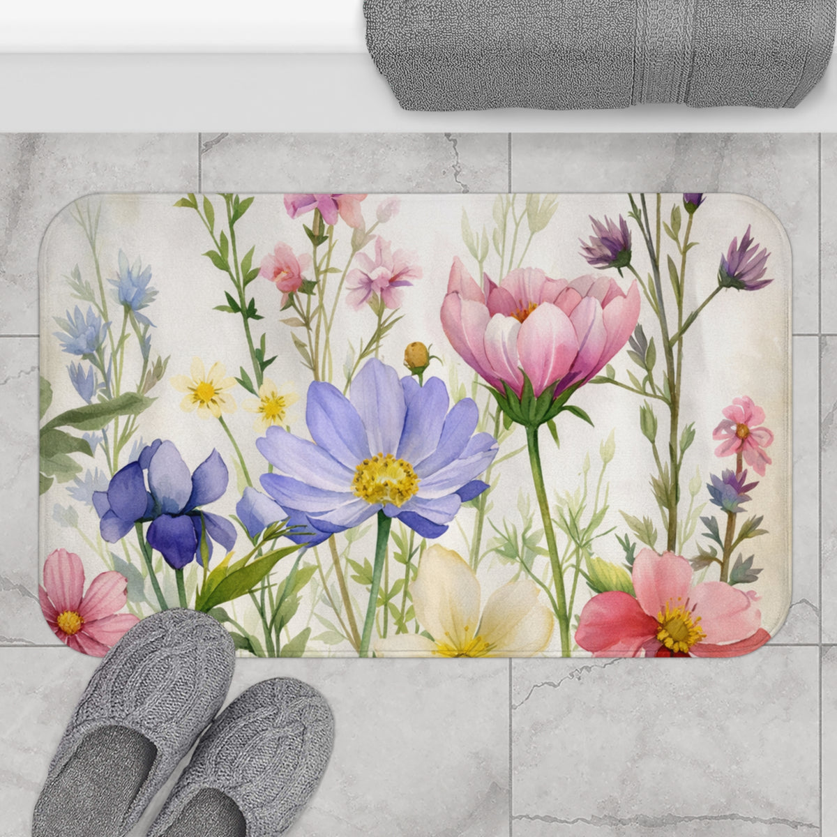 Colorful Wildflower Memory Foam Bathmat, Pink Blue Purple Floral Bathroom Throw Bath Mat Rug, Cottagecore Botanical Garden Decor