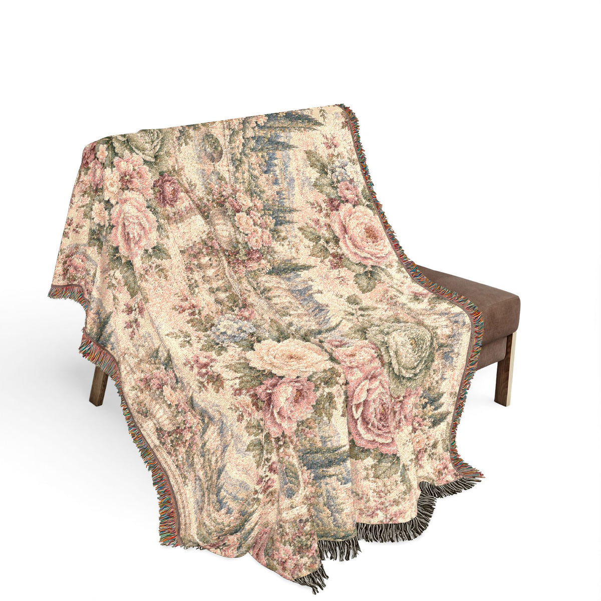 Antique Rose Cabbage Chintz Woven Blanket – French Country Floral Tapestry Throw, Romantic Grandmillennial Decor