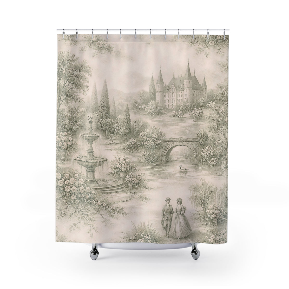 Soft Sage Toile de Joy Fabric Shower Curtain, Victorian Bathroom Decor, Chateaucore French Country Cottage, Shabby Chic, Housewarming Wedding Gift