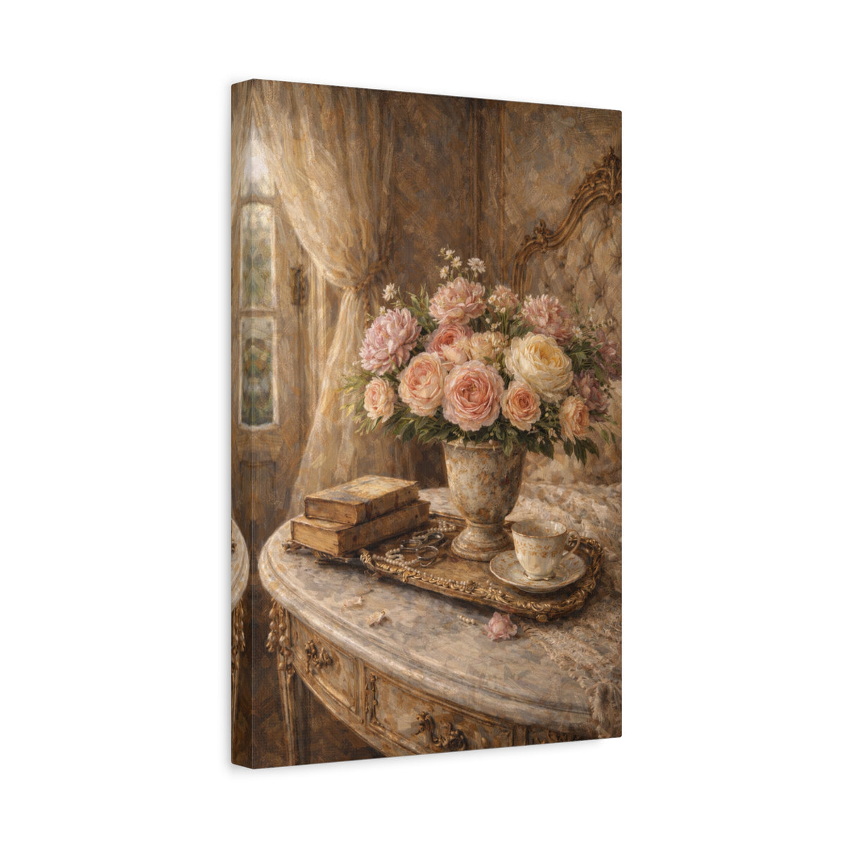 French Country Books Roses Canvas Wall Art Print, Chateaucore Floral Wall Hanging Decor, Victorian Romantic Home Decor, Gift Mom Grandma