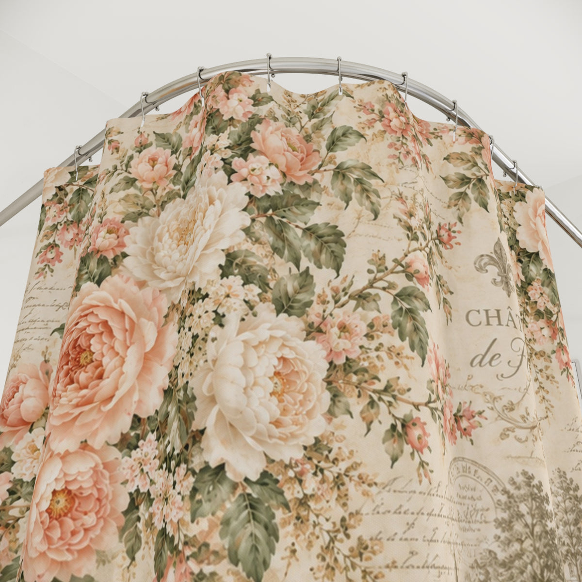 Peach Rose Château Shower Fabric Curtain, French Country Floral Bath Decor, Peach Roses & Sage Green, Romantic Chateaucore Bathroom Curtain