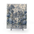 Romantic Blue Hydrangea French Toile Fabric Shower Curtain Château Garden, Swans and Ornate Border for Elegant French Country Bathroom Décor
