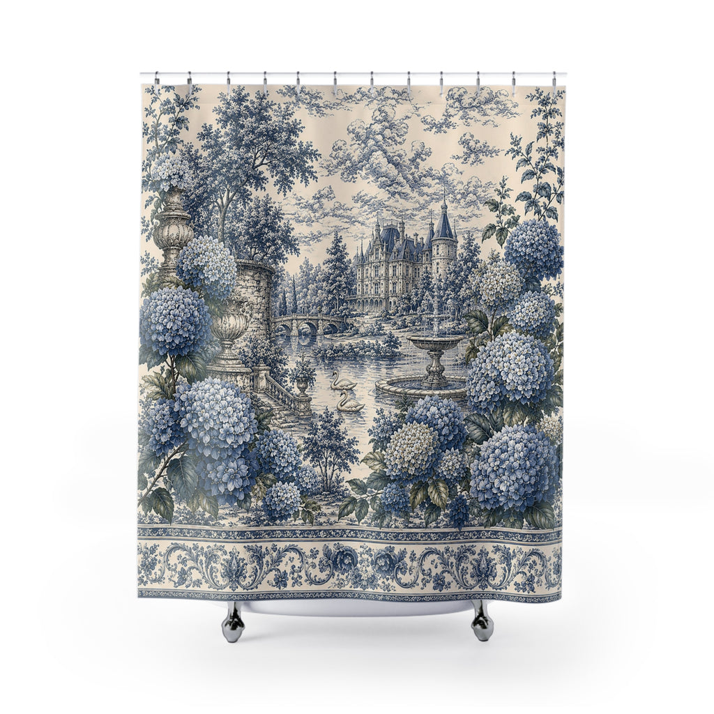 Blue Hydrangea Château Garden Fabric Shower Curtain – Swans Pond French Country Blue Floral Bathroom, Chateaucore Hydrangea Decor French Country Decor