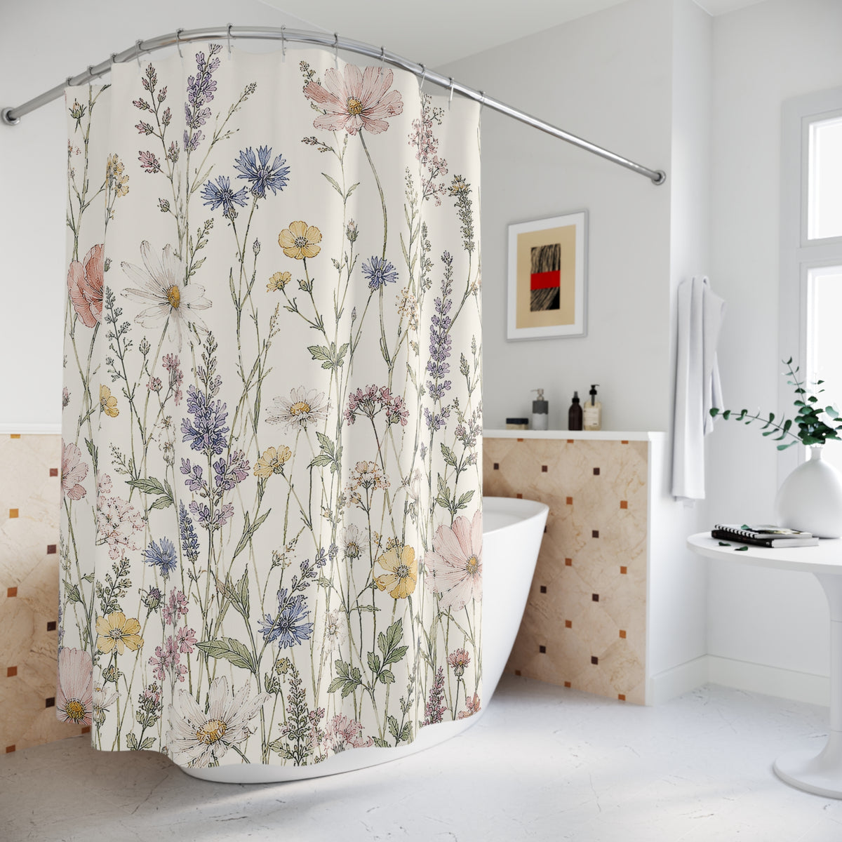 Wildflower Shower Curtain, Floral Bathroom Decor, Cottagecore Bath Pastel Flower Bathroom, Feminine Farmhouse Decor, Botanical Home Gift