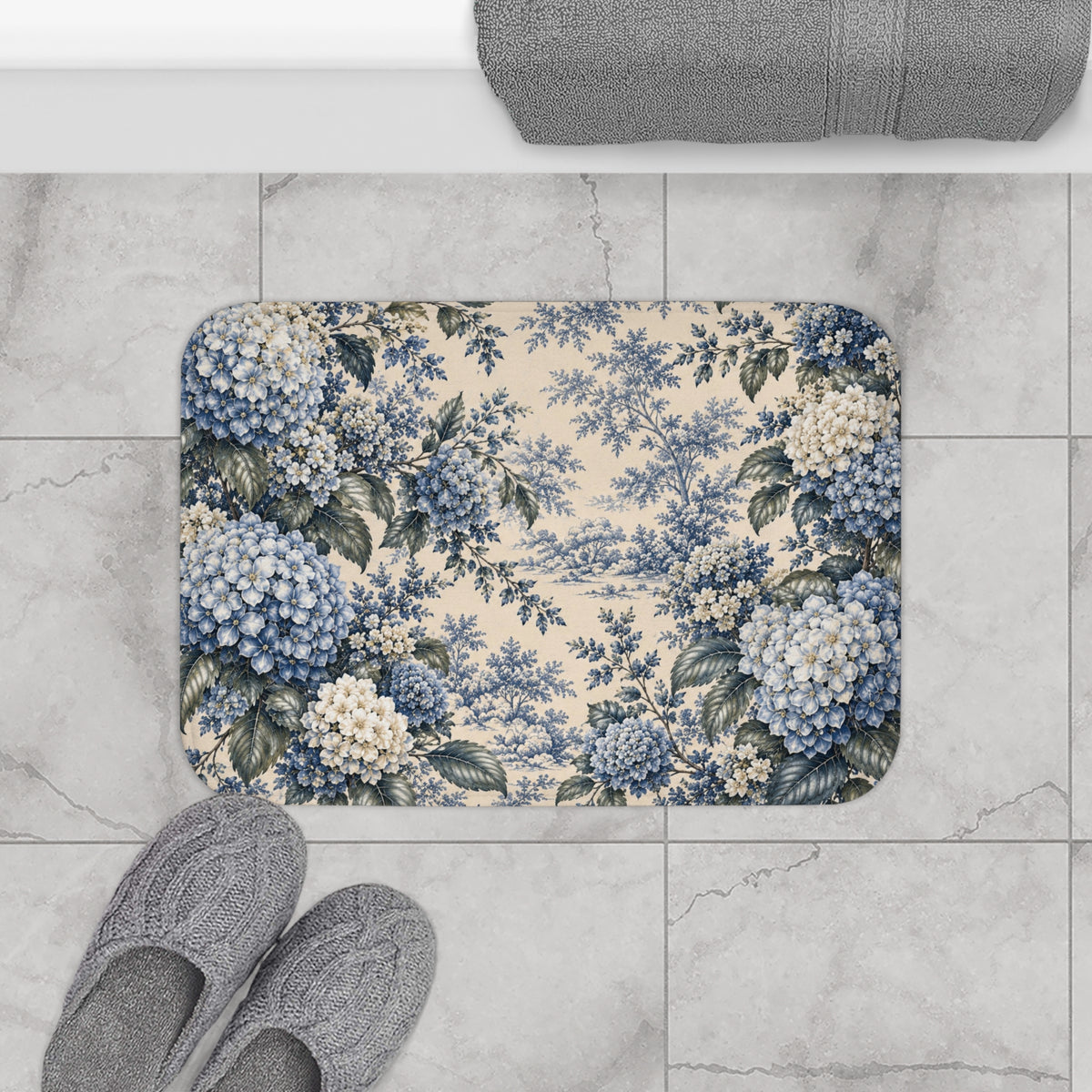 Blue Hydrangea Château Garden Memory Foam Bathmat, French Country Navy Blue Floral Bathroom Cushioned Throw Rug, Chateaucore Hydrangea Decor