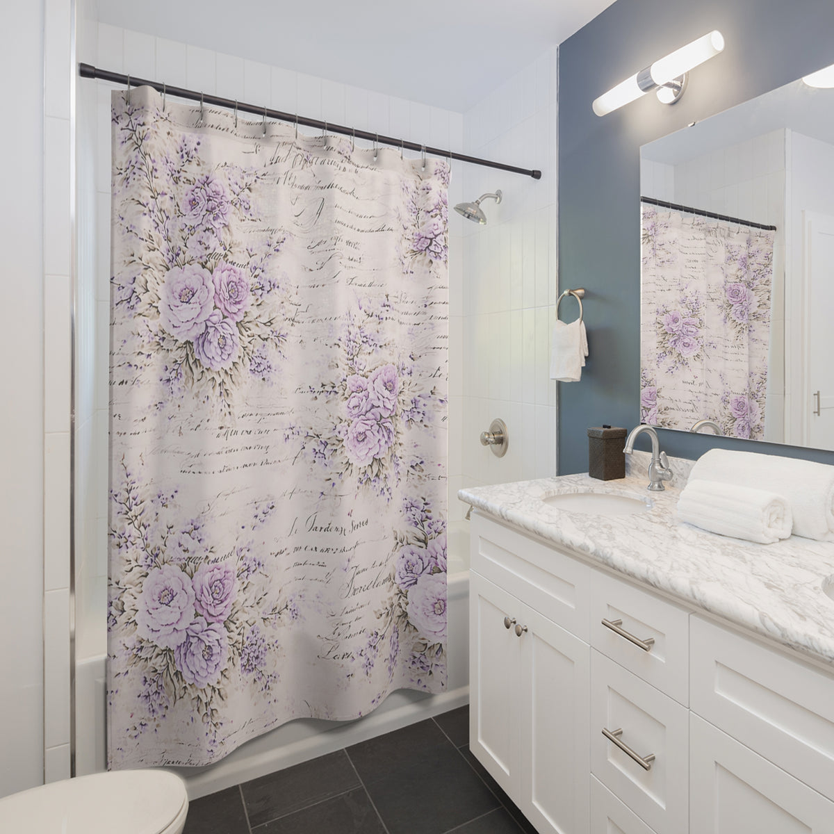 Chateaucore Lavendar Roses Floral Shower Curtain, Victorian Bathroom Decor, French Script Country, Shabby Chic, Housewarming Wedding Gift