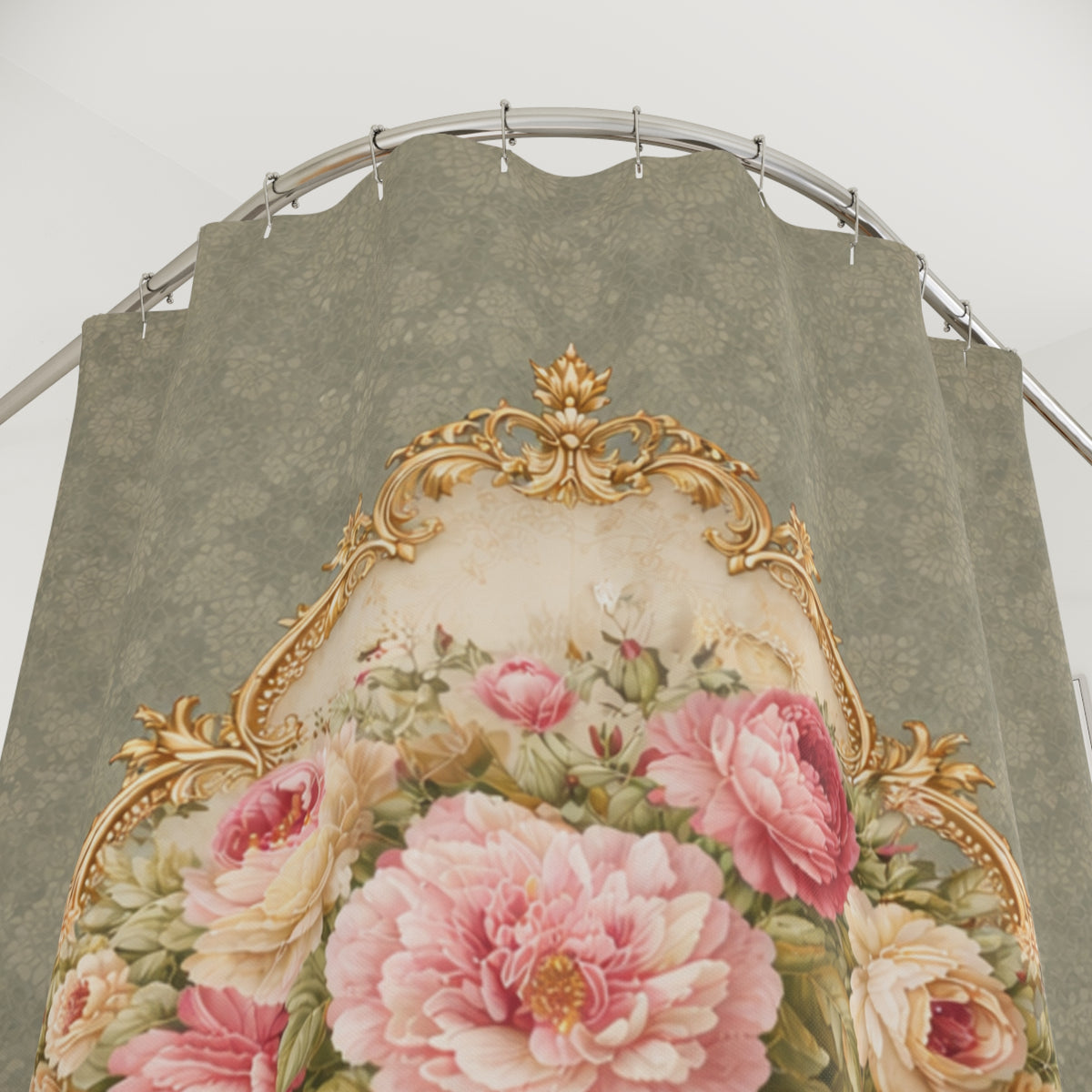 Green Pink Gold Rose Floral Shower Curtain, Victorian Bathroom Decor Vintage French Country Cottage Shabby Chic Home, Housewarming Gift