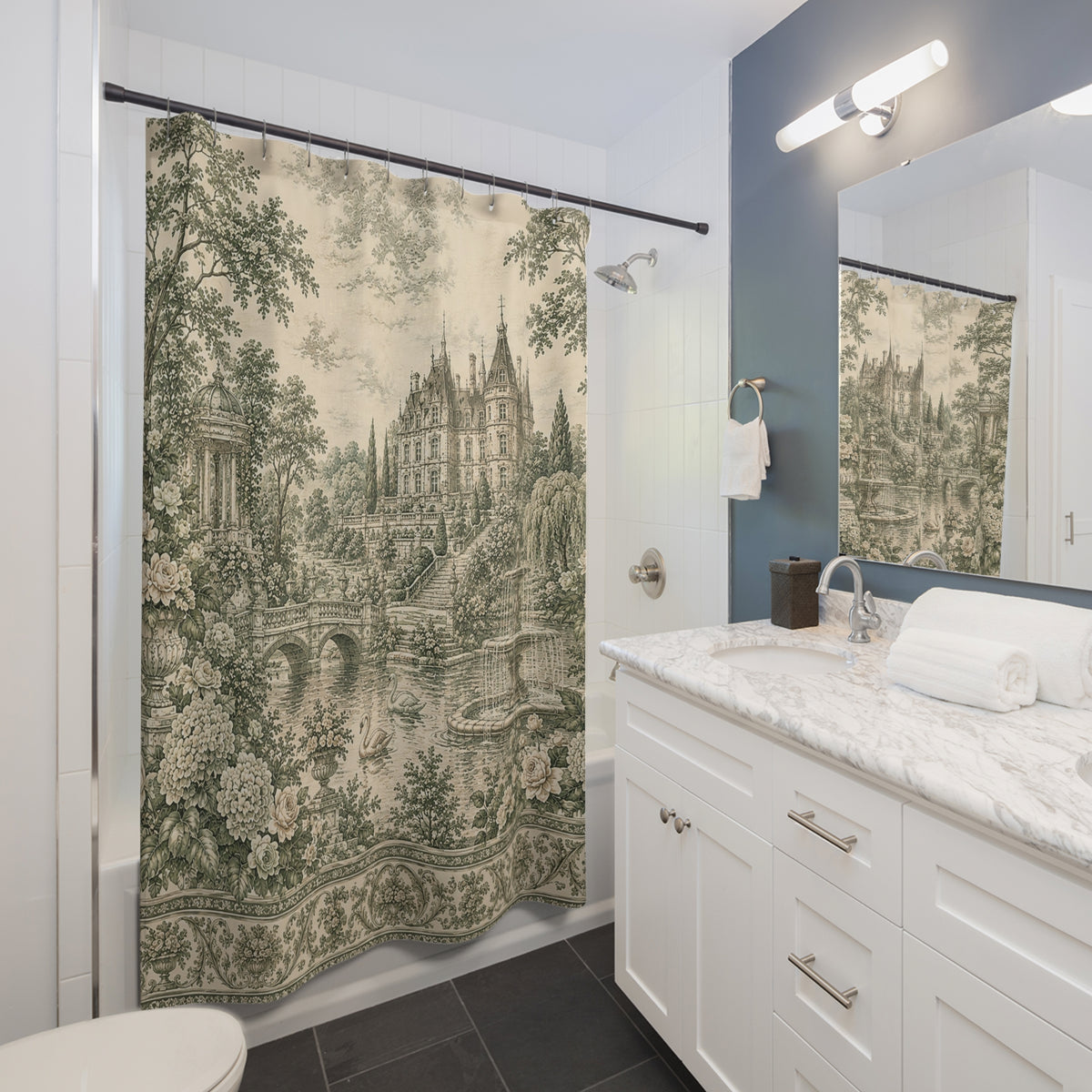 Sage Green French Toile Shower Curtain – Chateau Garden Swans – French Country Chateaucore Bathroom Decor