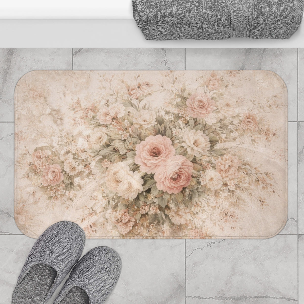 Blush Rose Garden Memory Foam Bathmat – Vintage French Country Floral, Shabby Chic Romantic Chateaucore Bathroom Decor