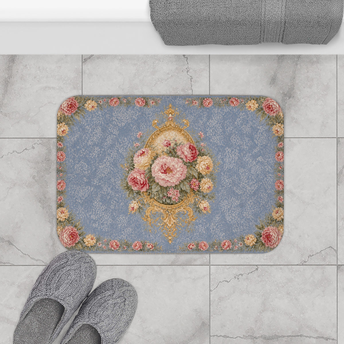 Blue Floral Memory Foam Bath Mat, Pink Peony Rose Rococo Bathroom Rug, French Country Vintage Chateaucore Victorian Shabby Chic Decor