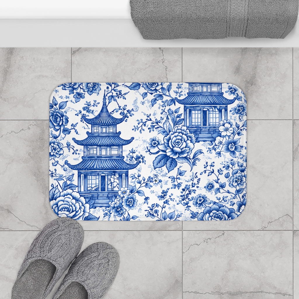 Blue White Chinoiserie Pagoda Memory Foam Bathmat, Floral Asian Toile Bathroom Rug, Ornate Grandmillennial French Country Decor