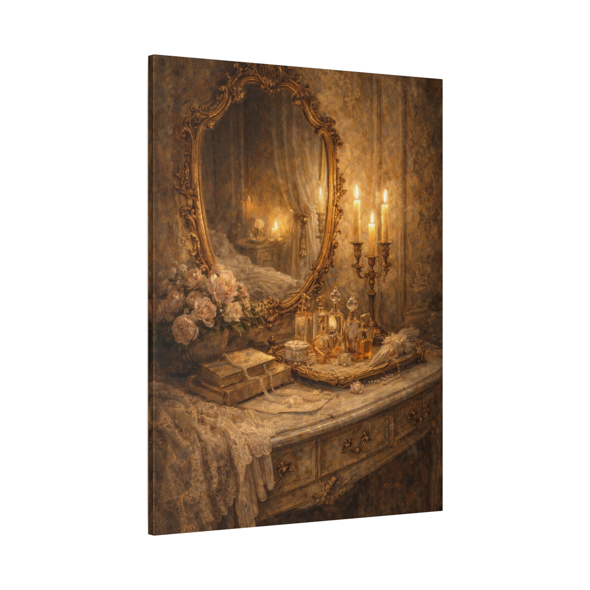 French Country Perfume Vanity Canvas Wall Art Print, Chateaucore Floral Wall Hanging Decor, Victorian Romantic Home Decor, Gift Mom Grandma
