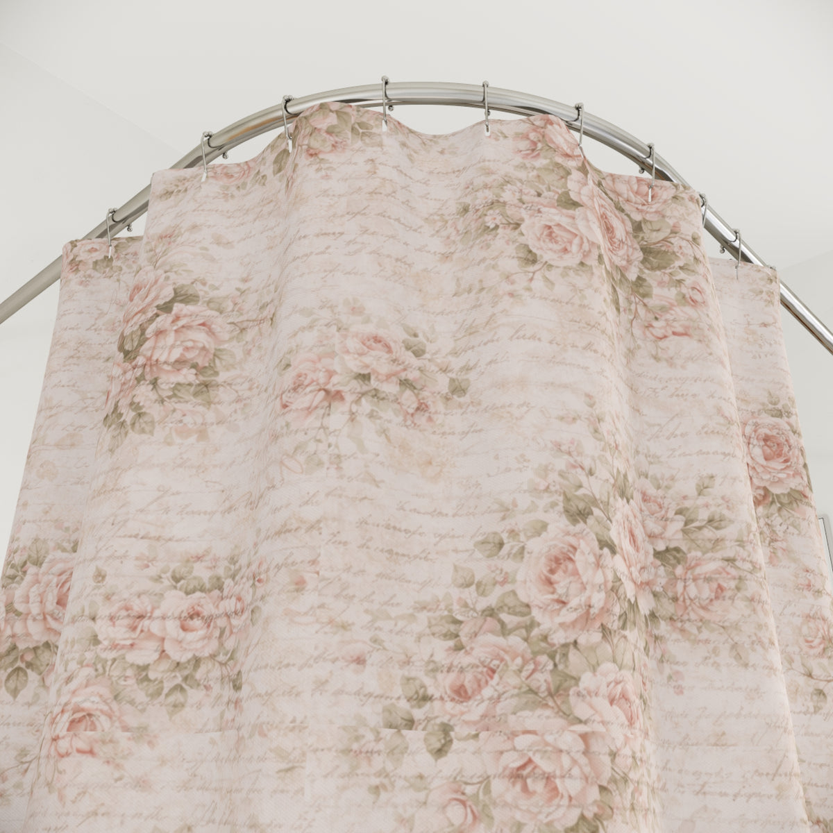 Chateaucore Soft Pink Roses Floral Shower Curtain, Victorian Bathroom Decor, French Script Country, Shabby Chic, Housewarming Wedding Gift