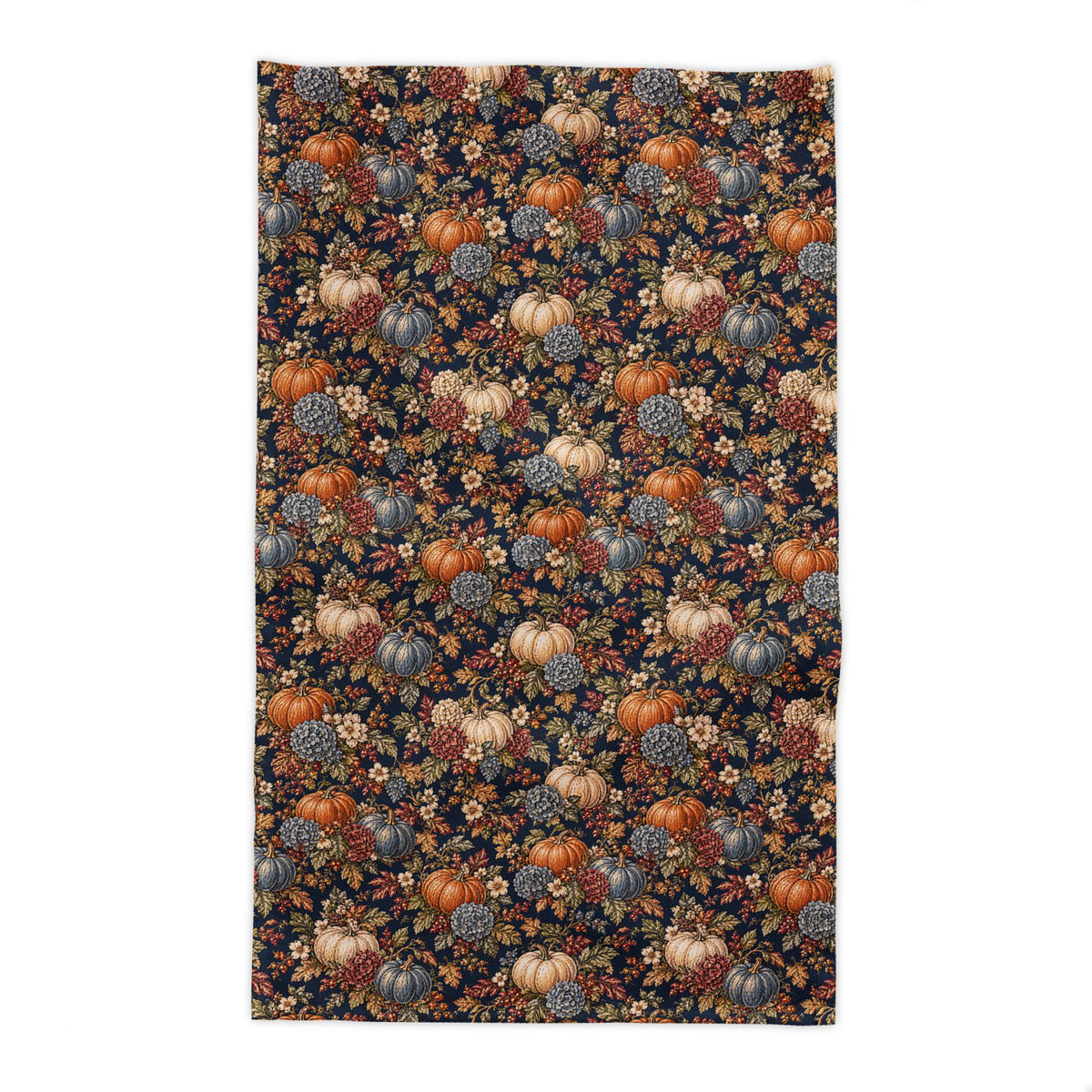 Navy Blue Pumpkin Hydrangea Fall Tablecloth, French Country Table Linen, Autumn Floral Harvest Dining Decor