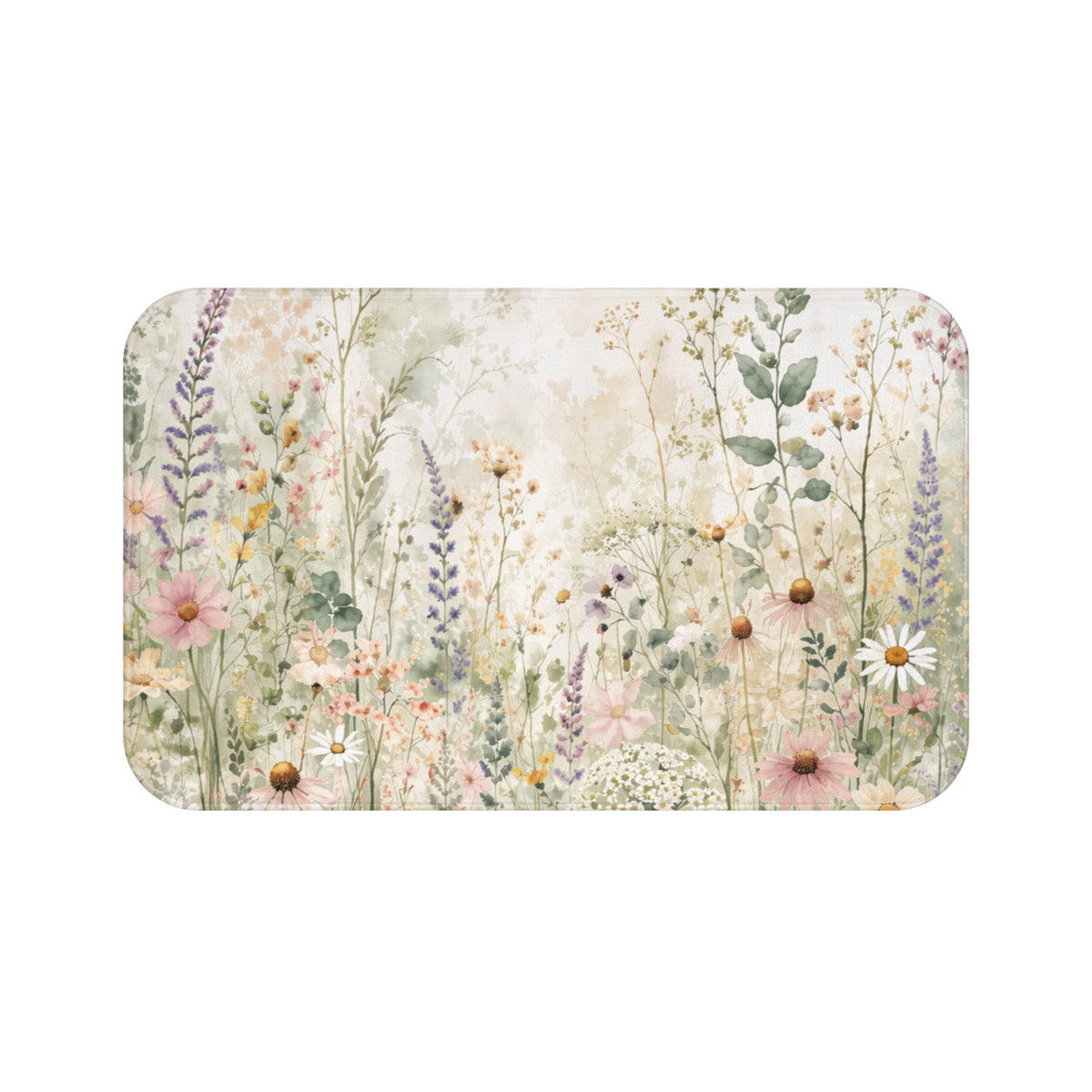 Watercolor Wildflower Meadow Memory Foam Bath Mat, French Country Botanical Floral Rug, Cottagecore Garden Bathroom Decor