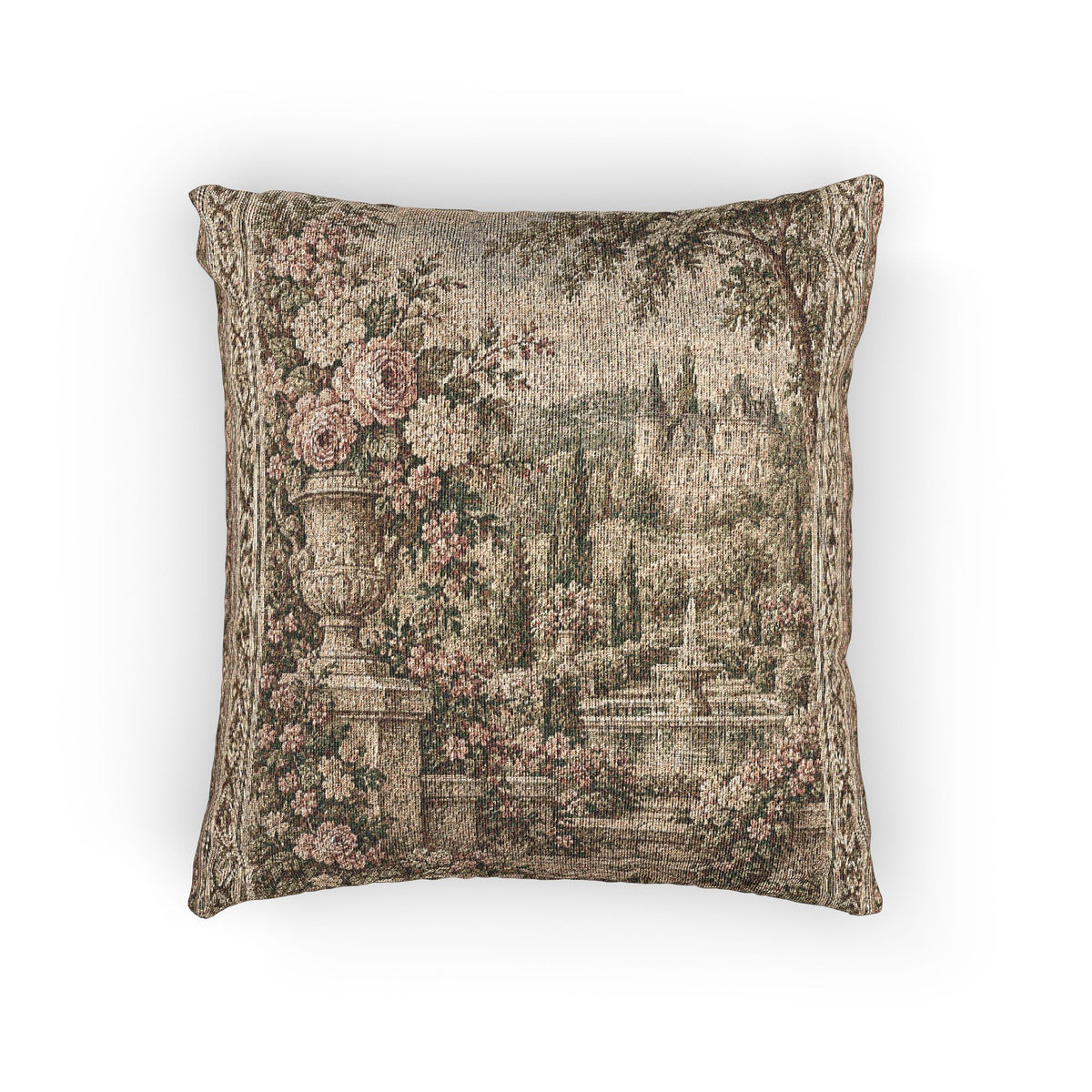 French Chateau Garden Woven Tapestry Pillow with Insert– Vintage Aubusson Rose Estate, Pink Romantic French Country Chateaucore Decor