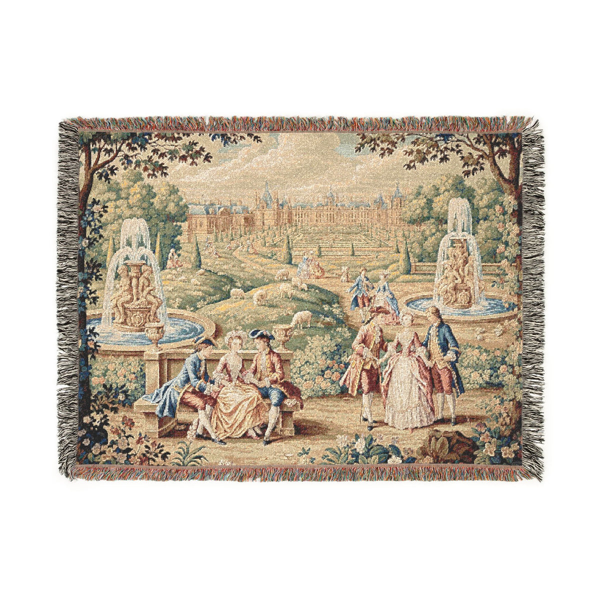 French Chateau Garden Woven Tapestry Blanket – Victorian Rococo Palace Scene, Antique French Country Wall Hanging, Versailles Inspired Home Decor