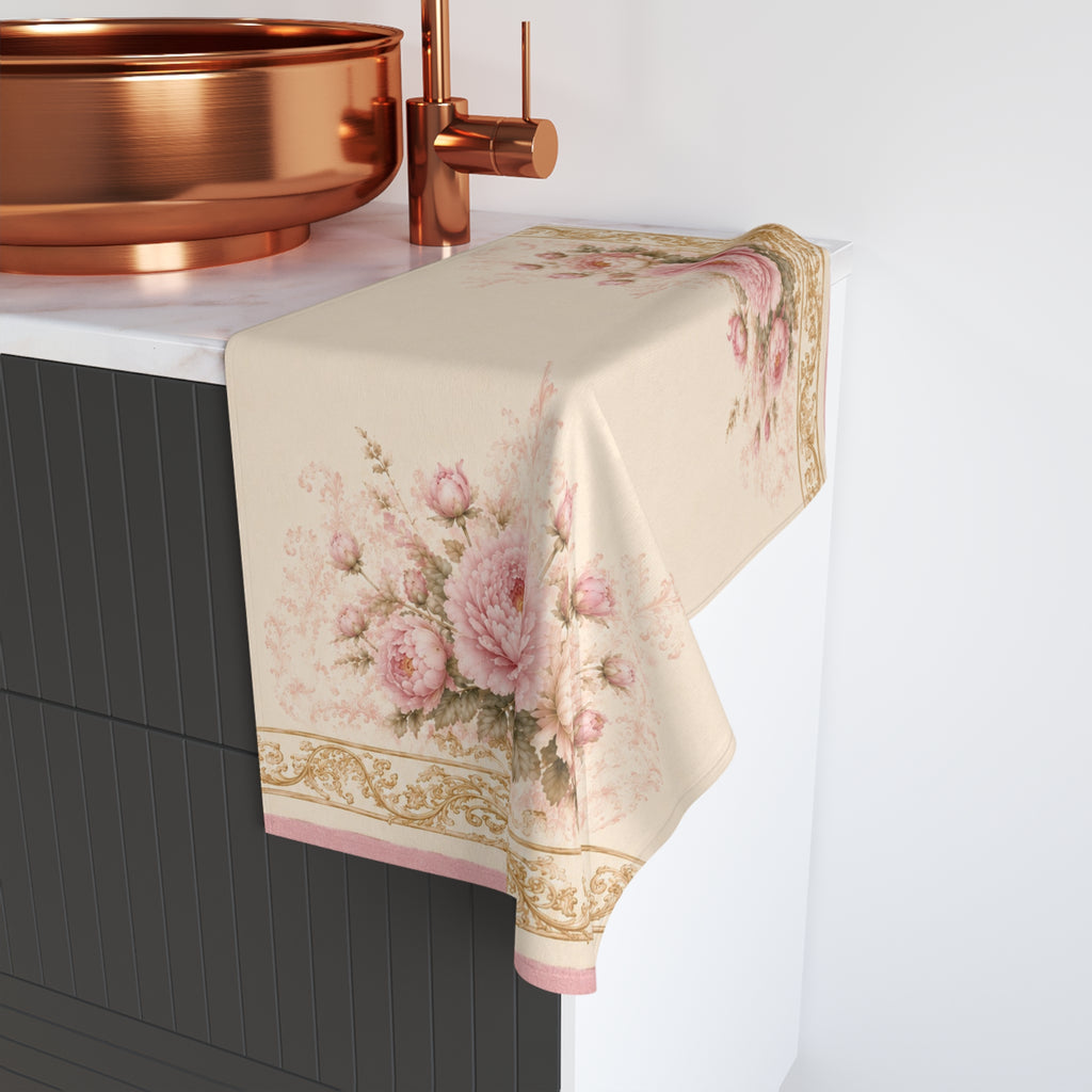 Victorian Pink Peony Hand Towel – Antique Gold Floral Rococo French Country Ornate Baroque Chateaucore Bathroom Decor