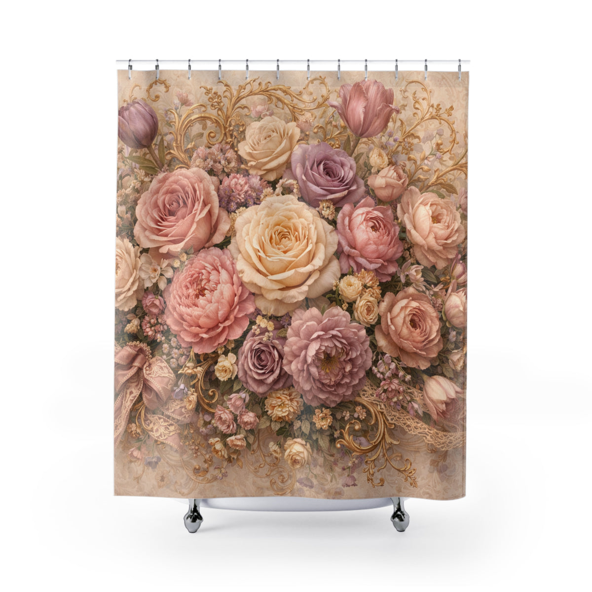 Rococo Pink Roses Floral Gold Baroque Shower Curtain, Victorian Bathroom Decor, French Country, Shabby Chic, Housewarming Wedding Gift