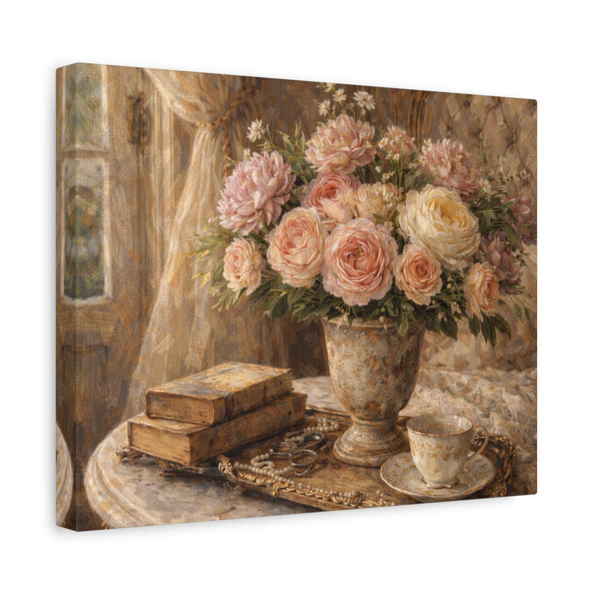 French Country Books Roses Canvas Wall Art Print, Chateaucore Floral Wall Hanging Decor, Victorian Romantic Home Decor, Gift Mom Grandma