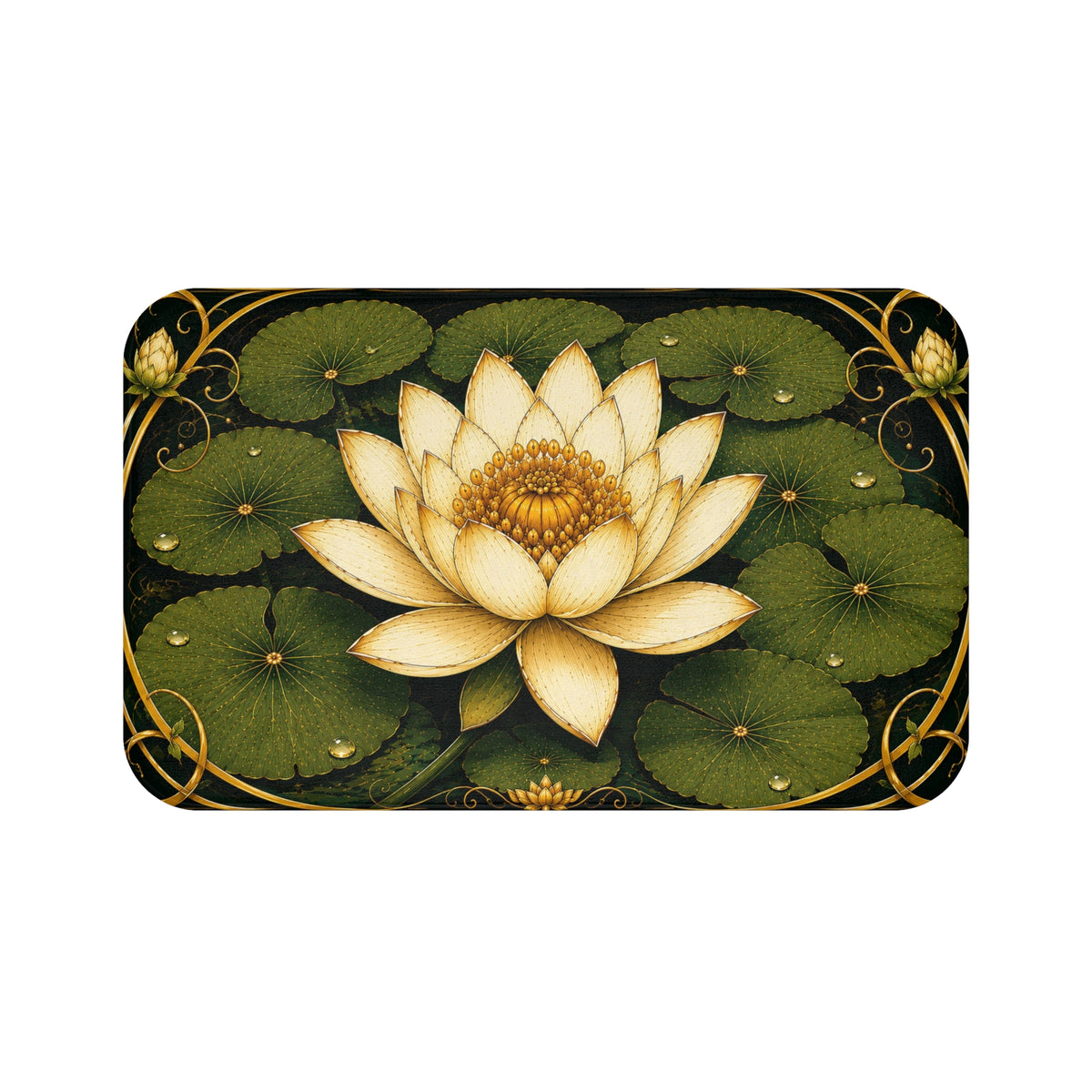 Art Nouveau Water Lily Memory Foam Bathmat, Vintage Botanical Floral Cushioned Bathroom Throw Rug, French Country Chateaucore Green Ivory