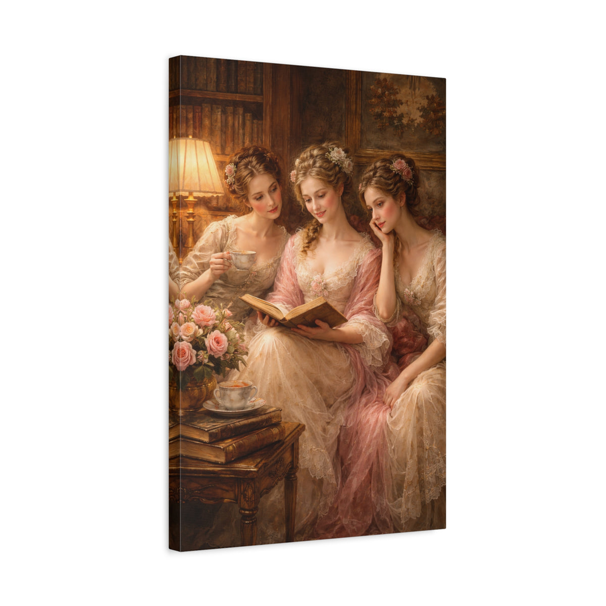 Victorian Pink Ladies Reading Nook Roses Canvas Wall Art Print, Women Wall Hanging Decor, Vintage Bookish Lady, Bedroom Decor, Gift for Her