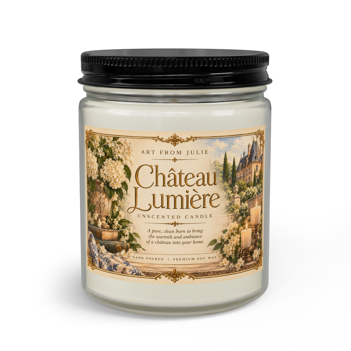 Château Lumière Unscented Candle Gift Set – French Country Soy Candle with Matte Black Wick Trimmer Amber Jar