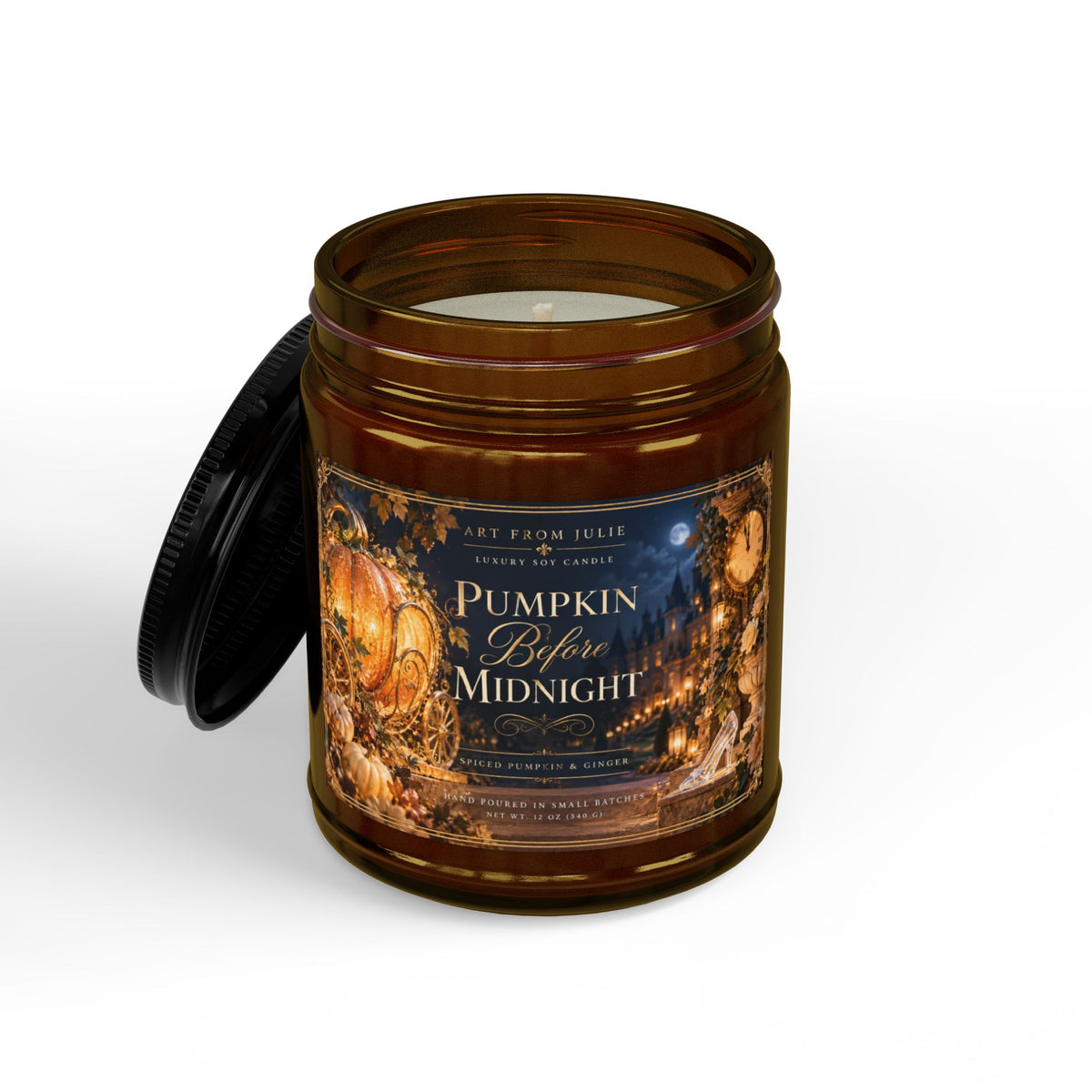 Pumpkin Before Midnight – Spiced Pumpkin & Ginger Soy Candle | Amber or Clear Jar with Lid Enchanted Fairytale Chateau Candle