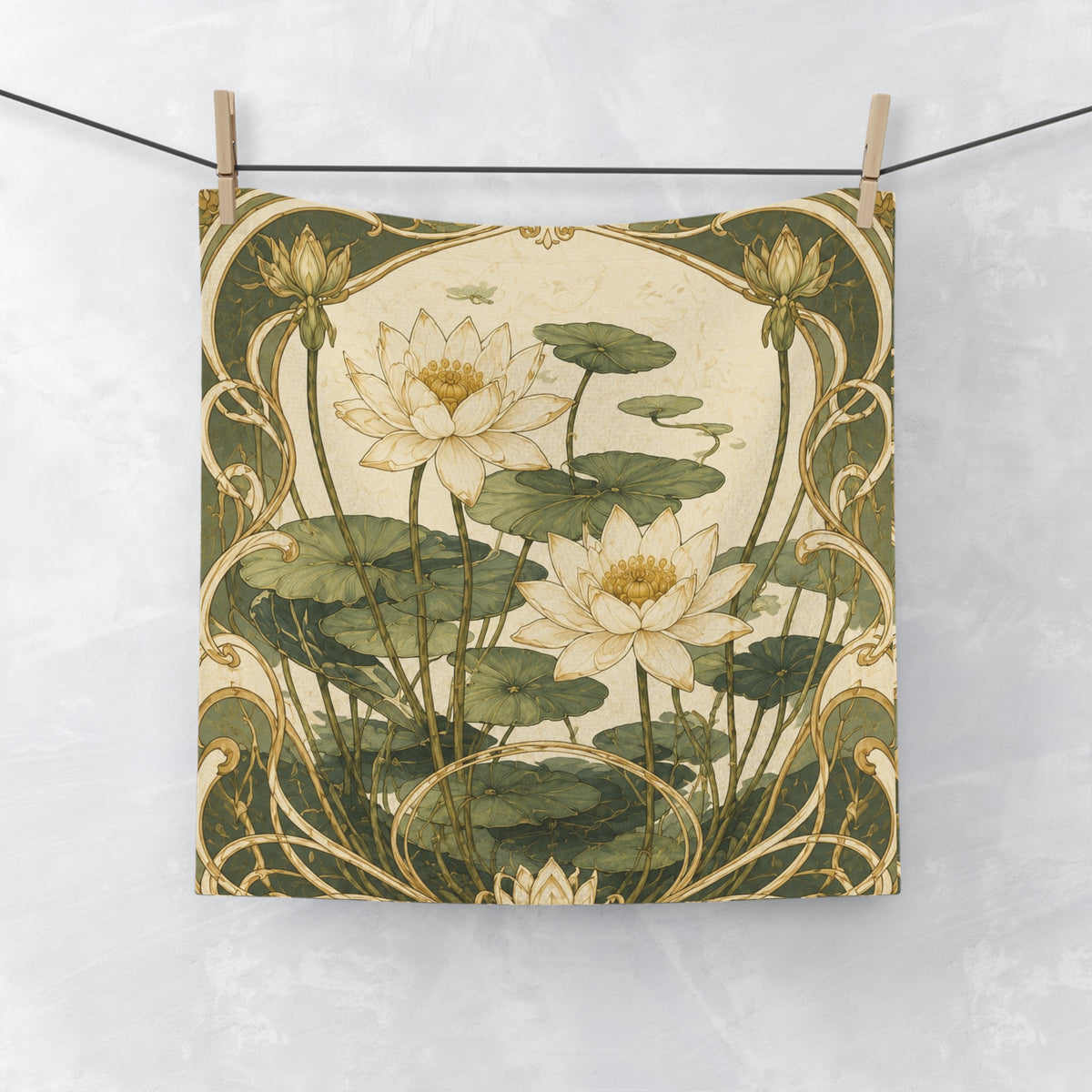 Art Nouveau Water Lily Bathroom 5-Piece Set Shower Curtain, Memory Foam Bath Mat Towel Set, French Country Chateaucore Botanical Decor