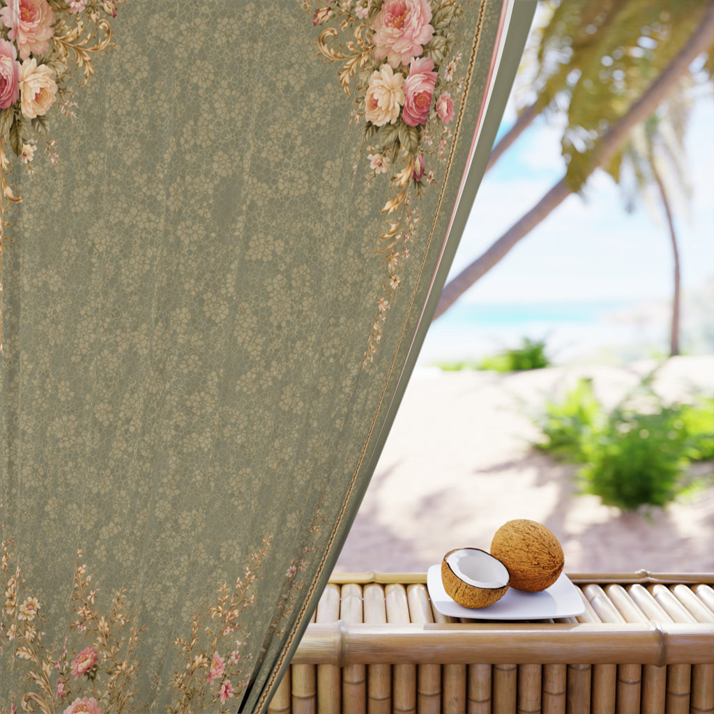 Victorian Sage Gold Pink Floral Rose Pattern Long Black Out Curtains,  Chateaucore French Country  Green Rose Window Curtains