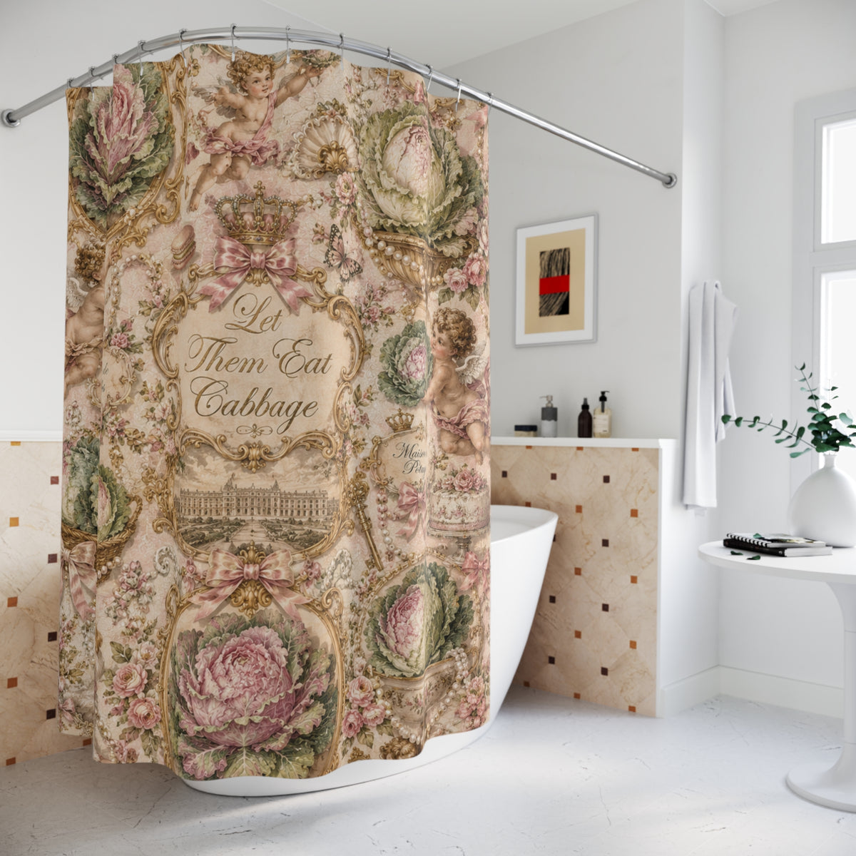 Let Them Eat Cabbage Shower Fabric Curtain | Rococo Coquette Bathroom Decor | Marie Antoinette French Palace Bath | Whimsical Maximalist