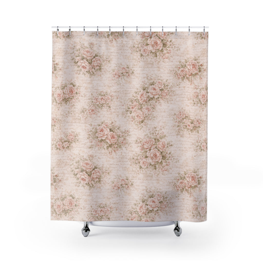 Chateaucore Soft Pink Roses Floral Shower Curtain, Victorian Bathroom Decor, French Script Country, Shabby Chic, Housewarming Wedding Gift