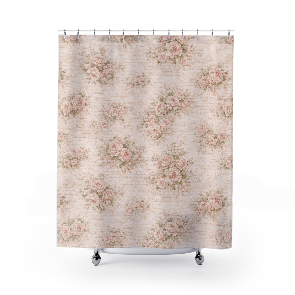 Chateaucore Soft Pink Roses Floral Shower Curtain, Victorian Bathroom Decor, French Script Country, Shabby Chic, Housewarming Wedding Gift