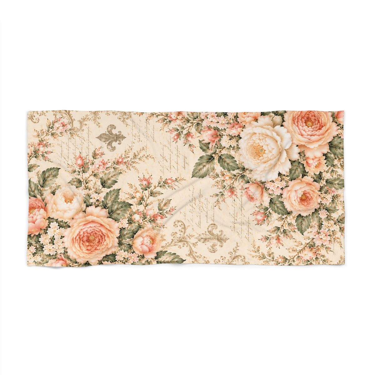Peach Rose Château Bath Towel, French Country Script Peach Floral Towel, Soft Sage Chateaucore Bathroom Decor, Romantic Vintage Bath Linen