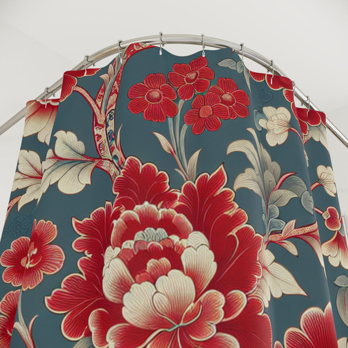 Red Green Floral Chinoiserie Floral Fabric Shower Curtain Victorian Bathroom Vintage Country Cottage Shabby Chic Housewarming Gift