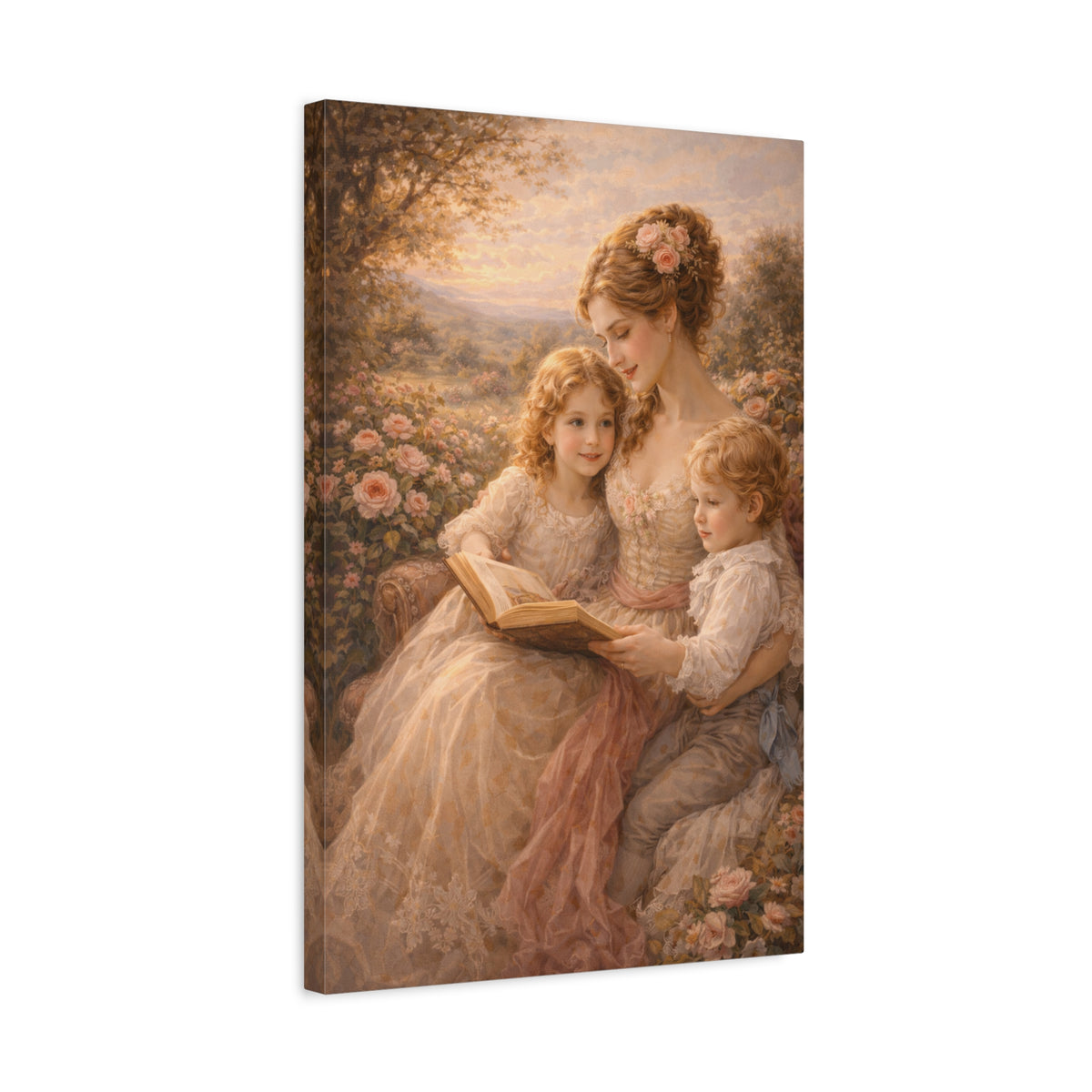Victorian Pink Mom Reading Children Roses Canvas Wall Art Print, Woman Kids Wall Hanging Decor, Bookish  Bedroom Decor, Gift for Mom